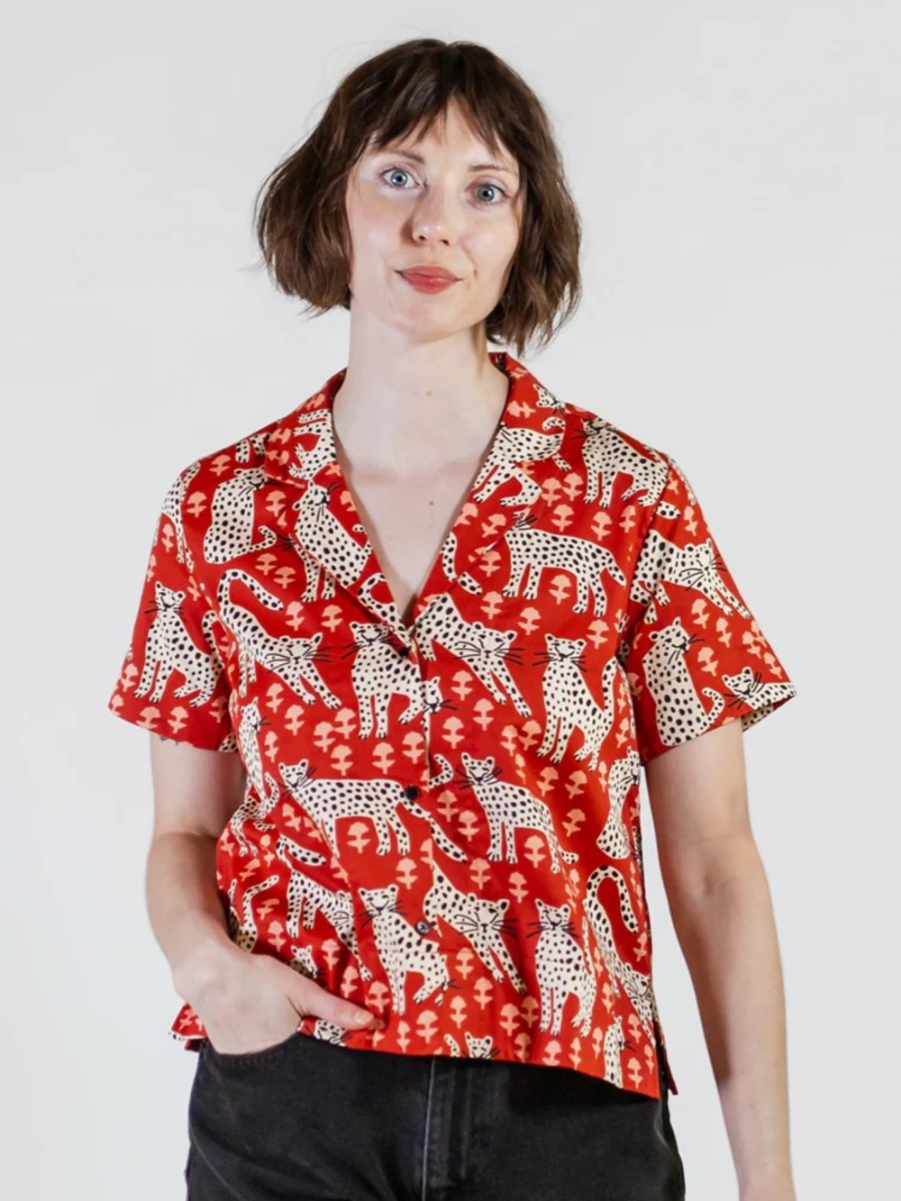 Mata Traders Red and Cream Leopard Print Button-Down Shirt